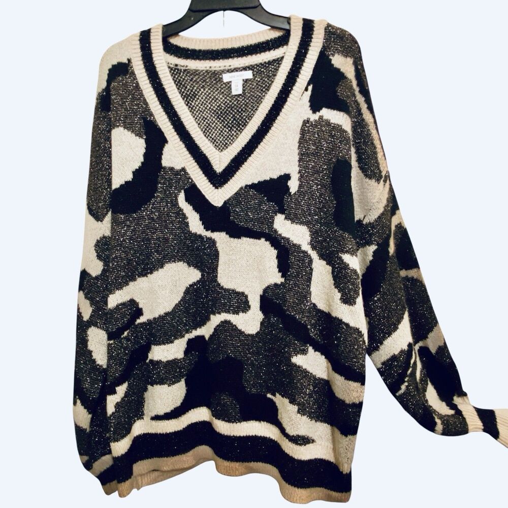 NWT Nine West V-Neck Shine Camo Soft Pullover Knit Sweater Women’s Plus Size 1X